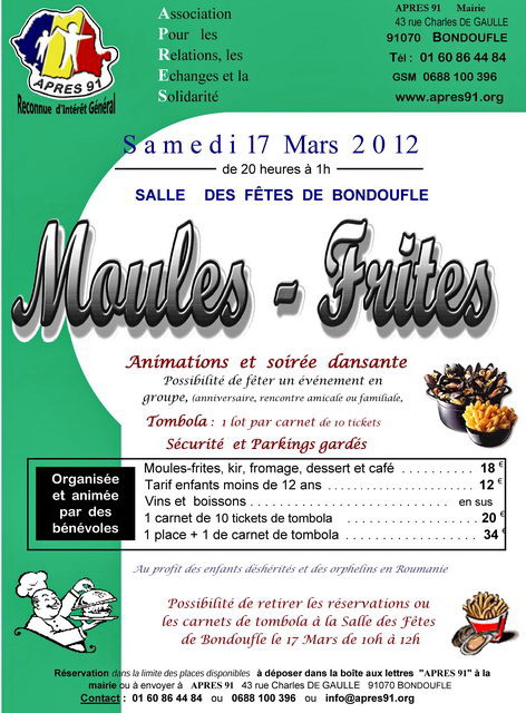 Le samedi 17 mars, Soire Dansante MOULES-FRITES